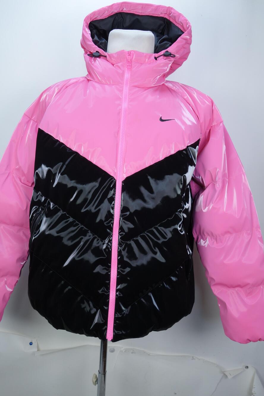 Nike Therma-FIT Jacket Womens L Pink Black Hooded Puffer Windrunner HV5242-649